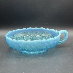 Antique Jefferson Glass Opalescent Blue Sea Spray Nappy Candy Dish w Handle 6"